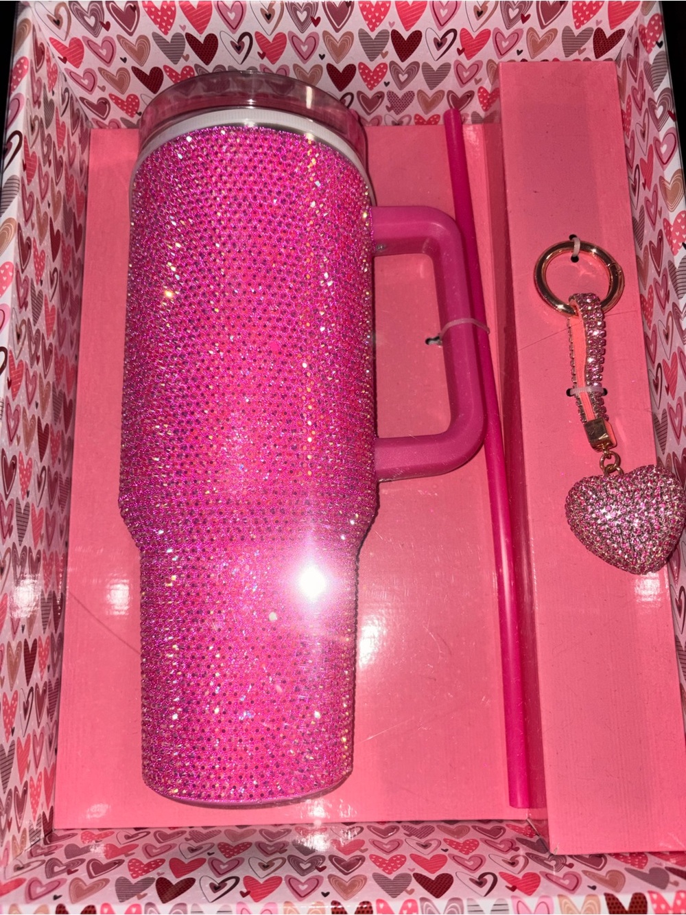 Sparkling Hot Pink Rhinestone Travel Tumbler with Heart Keychain - Picture 2 of 4